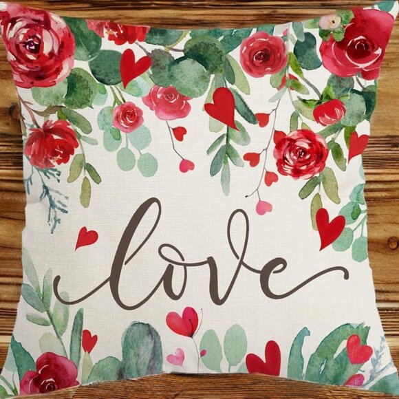 Floral Pillow Cover Valentines Day Decor Decorative Heart Sofa Accent Throw Case - Picture 1 of 6